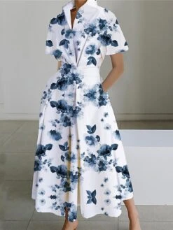 Women's Shirt Dress Casual Dress Swing Dress Maxi Long Dress Outdoor Office Daily Polyester Fashion Modern Shirt Collar Button Pocket Short Sleeve Summer Spring 2023 Loose Fit White Pink Navy Blue -HANA Luxury Wear Shop xxqhcv1689924982171