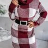 Women‘s Christmas Sweater Dress Winter Dress Sheath Dress Blue Wine Khaki Gray Long Sleeve Plaid Color Block Patchwork Winter Fall Turtleneck Casual S M L