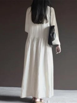 Women's Casual Dress Cotton Dress Swing Dress Maxi Long Dress Cotton Basic Classic Outdoor Daily Vacation V Neck Ruched Long Sleeve Spring Fall Winter 2023 Loose Fit ArmyGreen Black White Plain S M L -HANA Luxury Wear Shop xynjla1692341096374