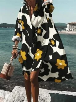 Women's Shirt Dress Casual Dress Swing Dress Mini Dress Outdoor Daily Vacation Polyester Fashion Casual Shirt Collar Button Print Long Sleeve Summer Spring Fall 2023 Loose Fit Yellow Floral S M L XL