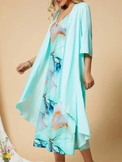 Women's Two Piece Dress Set Casual Dress Chiffon Dress Outdoor Daily Fashion Casual Print Midi Dress V Neck Half Sleeve Floral Ombre Regular Fit Royal Blue Green Summer Spring S M L XL XXL -HANA Luxury Wear Shop xzibyv1683626205450