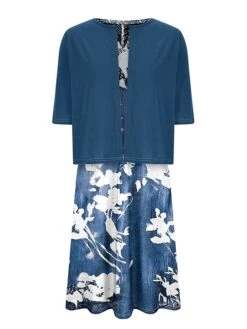 Women's Two Piece Dress Set Casual Dress Shift Dress Daily Going Out Fashion Casual Pocket Print Midi Dress V Neck 3/4 Length Sleeve Floral Loose Fit Navy Blue Royal Blue Dark Green Summer Spring S M -HANA Luxury Wear Shop xzkymz1687327201119