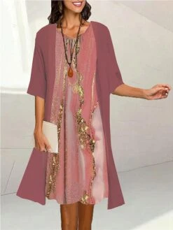 Women's Two Piece Dress Set Casual Dress Print Dress Outdoor Daily Fashion Elegant Print Midi Dress Crew Neck 3/4 Length Sleeve Ombre Marble Print Loose Fit Black Light Green Pink Summer Spring S M L -HANA Luxury Wear Shop xzmaok1690171185430