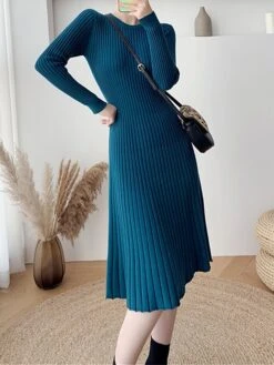 Women's Sweater Dress Jumper Dress Casual Dress Midi Dress Fashion Pure Color Outdoor Daily Going Out Crew Neck Long Sleeve 2023 Slim Black Blue Apricot One Size -HANA Luxury Wear Shop xztxaw1696670405028