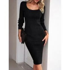 Women's Sweater Dress Winter Dress Jumper Dress Midi Dress Split Daily Date Going Out Active Fashion Crew Neck Long Sleeve 2023 Slim Black Blue Green Color S M L XL Size -HANA Luxury Wear Shop xzwceh1692353015589