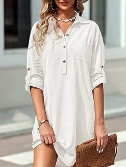 Women's Shirt Dress Casual Dress Mini Dress Outdoor Daily Cotton Linen Basic Classic Shirt Collar Button Pocket Long Sleeve Summer Spring Fall 2023 Loose Fit Black White Pink Pure Color S M L XL 2XL -HANA Luxury Wear Shop yaaldq1691465486791