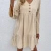 Women's Casual Dress Cotton Linen Dress Mini Dress Linen / Cotton Blend Basic Classic Outdoor Daily Vacation Split Neck Ruffle Button Long Sleeve Fall Winter Autumn 2023 Loose Fit Apricot Plain S M L -HANA Luxury Wear Shop yanpsf1695014836690