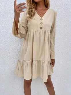 Women's Casual Dress Cotton Linen Dress Mini Dress Linen / Cotton Blend Basic Classic Outdoor Daily Vacation Split Neck Ruffle Button Long Sleeve Fall Winter Autumn 2023 Loose Fit Apricot Plain S M L