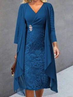Women's Two Piece Dress Set Casual Dress Lace Dress Outdoor Daily Fashion Elegant Lace Patchwork Midi Dress V Neck Long Sleeve Plain Regular Fit Wine Blue Sky Blue Fall Winter S M L XL XXL -HANA Luxury Wear Shop yaqcyr1694057201216