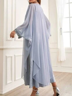Women's Two Piece Dress Set Party Dress Sheath Dress Party Wedding Guest Fashion Party Embroidered Long Dress Maxi Dress Crew Neck Long Sleeve Print Regular Fit Gray Fall Winter S M L XL -HANA Luxury Wear Shop yausid1695105967209