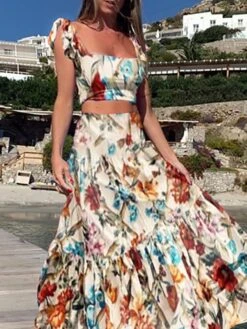 Women's Dress Set Two Piece Dress Skirt Set Long Dress Maxi Dress Yellow Fuchsia Sleeveless Floral Backless Summer Spring V Neck Vacation Slim 2023 S M L XL XXL -HANA Luxury Wear Shop ybimpt1645527799087