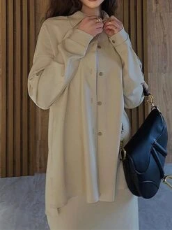 Women's Two Piece Dress Set Casual Dress Skirt Set Outdoor Daily Fashion Streetwear Button Pocket Long Dress Maxi Dress Shirt Collar Long Sleeve Plain Loose Fit Brown Green Beige Fall Winter S M L XL -HANA Luxury Wear Shop ybxsxb1693534950389