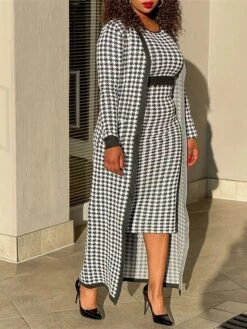 Women's Two Piece Dress Set Casual Dress Sheath Dress Daily Going Out Streetwear Modern Print Midi Dress Crew Neck Long Sleeve Houndstooth Regular Fit Black Fall Winter S M L XL XXL -HANA Luxury Wear Shop yctumu1695194334983