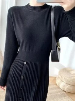 Women's Sweater Dress Winter Dress Jumper Dress Midi Dress Pleated Button Daily Date Going Out Fashion Basic Crew Neck Long Sleeve 2023 Slim Black Brown Green Color S M L XL Size -HANA Luxury Wear Shop yczvyk1692687927633