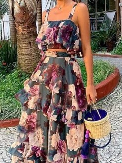 Women's Two Piece Dress Set Casual Dress Skirt Set Daily Date Active Streetwear Ruffle Layered Midi Dress Strap Sleeveless Floral Regular Fit Green Fall Winter S M L XL XXL -HANA Luxury Wear Shop ydlwvi1693972029935