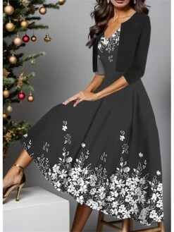 Women's Two Piece Dress Set Casual Dress Swing Dress Outdoor Daily Fashion Elegant Print Midi Dress V Neck Half Sleeve Floral Regular Fit Black Royal Blue Blue Fall Winter S M L XL XXL -HANA Luxury Wear Shop ydxldd1697424507366