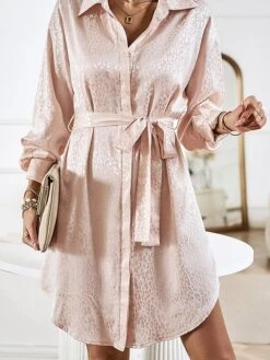 Women's Shirt Dress Midi Dress Outdoor Date Vacation Satin Fashion Elegant Shirt Collar Lace Up Button Long Sleeve Spring Fall Winter 2023 Loose Fit Black Wine Brown Pure Color S M L XL -HANA Luxury Wear Shop yevaxq1692856933975