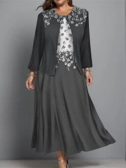 Women's Plus Size Two Piece Dress Set Casual Dress Swing Dress Outdoor Office Fashion Streetwear Print Midi Dress Crew Neck Long Sleeve Floral Regular Fit Navy Blue Purple Gray Fall Winter L XL XXL -HANA Luxury Wear Shop yfmqpe1697089016134