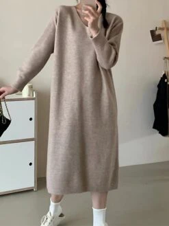 Women's Sweater Dress Jumper Dress Casual Dress Midi Dress Fashion Pure Color Outdoor Daily Vacation Going Out V Neck Long Sleeve Patchwork 2023 Regular Fit Black White Pink One Size -HANA Luxury Wear Shop yfvgmc1695351276196
