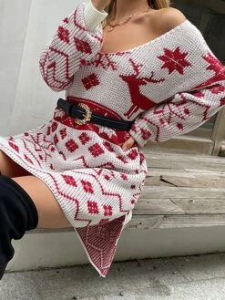 Women‘s Christmas Sweater Dress Jumper Dress Winter Dress Warm Geometric Print Deer Outdoor Christmas Casual Daily V Neck Long Sleeve 2023 Loose Fit White Red S M L XL -HANA Luxury Wear Shop ygdbli1694165713212