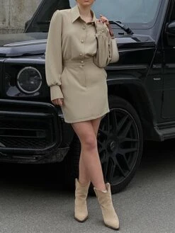 Women's Shirt Dress Work Dress Bodycon Mini Dress Outdoor Business Date Polyester Fashion Modern Shirt Collar Button Pocket Long Sleeve Fall Winter 2023 Regular Fit Khaki Pure Color S M L -HANA Luxury Wear Shop yglori1695644897361