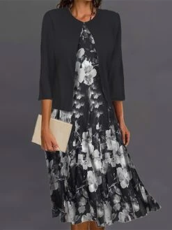 Women's Two Piece Dress Set Casual Dress Swing Dress Outdoor Office Fashion Streetwear Print Midi Dress Crew Neck 3/4 Length Sleeve Floral Regular Fit Black Purple Green Fall Winter S M L XL XXL -HANA Luxury Wear Shop ygwtxm1695364271332