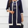 Women's Two Piece Dress Set Party Dress Lace Dress Party Office Fashion Elegant Lace Patchwork Midi Dress Crew Neck 3/4 Length Sleeve Plain Regular Fit Navy Blue Fall Winter S M L XL XXL -HANA Luxury Wear Shop yhckgc1697450712550