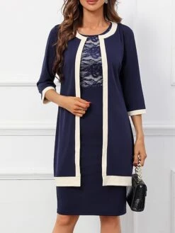 Women's Two Piece Dress Set Party Dress Lace Dress Party Office Fashion Elegant Lace Patchwork Midi Dress Crew Neck 3/4 Length Sleeve Plain Regular Fit Navy Blue Fall Winter S M L XL XXL
