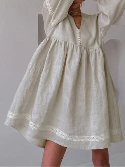 Women's Casual Dress Cotton Linen Dress Swing Dress Mini Dress Linen / Cotton Blend Fashion Modern Outdoor Daily Vacation V Neck Lace Ruched Long Sleeve Fall Winter Autumn 2023 Loose Fit Blue Brown -HANA Luxury Wear Shop yhmpor1692961124198