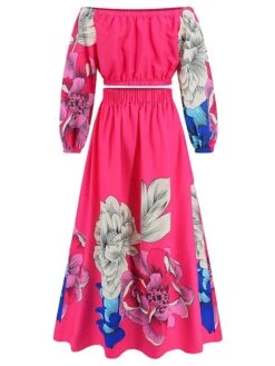 Women's Two Piece Dress Set Casual Dress Skirt Set Daily Going Out Casual Ruched Print Long Dress Maxi Dress Off Shoulder Long Sleeve Floral Regular Fit Blue Green Rose Red Fall Winter S M L XL XXL -HANA Luxury Wear Shop yhmxvn1692339429663