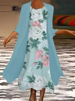 Women's Plus Size Two Piece Dress Set Casual Dress Chiffon Dress Outdoor Office Fashion Streetwear Print Midi Dress Crew Neck 3/4 Length Sleeve Floral Regular Fit Yellow Blue Sky Blue Spring Fall S M -HANA Luxury Wear Shop yhvbdb1694596596283