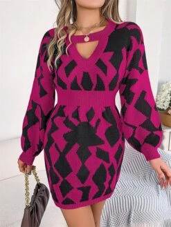 Women's Sweater Dress Jumper Dress Casual Dress Mini Dress Fashion Geometric Color Block Outdoor Daily Going Out Crew Neck Long Sleeve Cut Out 2023 Loose Fit Green Khaki Rose Red S M L -HANA Luxury Wear Shop yijoam1695813745131
