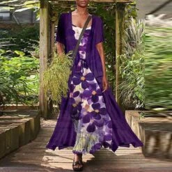 Women's Dress Set Two Piece Dress Chiffon Dress Long Dress Maxi Dress Black Red Navy Blue Short Sleeve Floral Lace Up Summer Spring Crew Neck Stylish Loose Fit 2023 S M L XL XXL 3XL 4XL 5XL -HANA Luxury Wear Shop yikvvc1648535175340