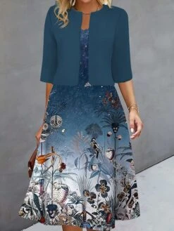 Women's Two Piece Dress Set Casual Dress Print Dress Outdoor Daily Fashion Elegant Print Midi Dress V Neck Half Sleeve Floral Regular Fit Black Navy Blue Blue Fall Winter S M L XL XXL -HANA Luxury Wear Shop yjruwn1693289324546