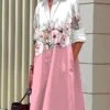 Women's Shirt Dress Casual Dress Midi Dress Outdoor Daily Date Satin Fashion Modern Shirt Collar Button Pocket Long Sleeve Fall Winter 2023 Loose Fit Yellow Pink Blue Floral S M L XL XXL