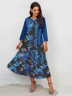 Women's Two Piece Dress Set Casual Dress Swing Dress Outdoor Office Fashion Streetwear Print Midi Dress Crew Neck 3/4 Length Sleeve Floral Regular Fit Navy Blue Royal Blue Blue Fall Winter S M L XL -HANA Luxury Wear Shop ykgmxq1697770548183