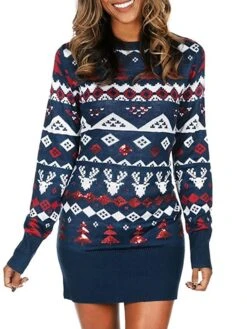 Women‘s Christmas Sweater Dress Jumper Dress Winter Dress Fashion Tree Deer Outdoor Christmas Daily Vacation Crew Neck Long Sleeve Patchwork 2023 Regular Fit Red Blue S M L -HANA Luxury Wear Shop yksysd1695030475353