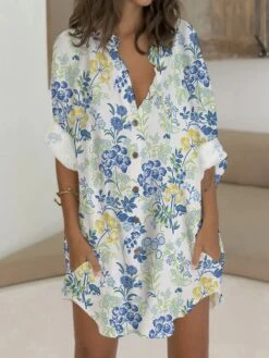 Women's Shirt Dress Casual Dress Shift Dress Mini Dress Outdoor Date Vacation Polyester Fashion Modern V Neck Button Pocket 3/4 Length Sleeve Summer Spring 2023 Regular Fit White Yellow Red Graphic -HANA Luxury Wear Shop ylojcu1676969574345