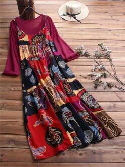 Women's Two Piece Dress Set Casual Dress Print Dress Daily Going Out Basic Ethnic Ruched Patchwork Midi Dress Crew Neck Long Sleeve Graphic Tribal Loose Fit Yellow Blue Fuchsia Summer Spring M L XL -HANA Luxury Wear Shop yloree1677121571138