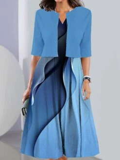 Women's Two Piece Dress Set Casual Dress Print Dress Outdoor Daily Fashion Elegant Print Midi Dress V Neck Half Sleeve Geometric Color Block Regular Fit Black White Navy Blue Summer Spring S M L XL -HANA Luxury Wear Shop yltfna1689736205614