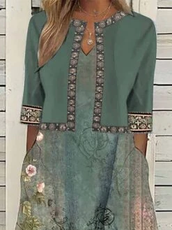 Women's Two Piece Dress Set Casual Dress Print Dress Outdoor Daily Vintage Elegant Pocket Print Midi Dress V Neck Half Sleeve Floral Regular Fit Green Summer Spring S M L XL XXL -HANA Luxury Wear Shop ylusfa1681877222293