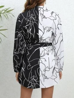 Women's Shirt Dress Casual Dress Mini Dress Outdoor Daily Vacation Polyester Fashion Modern Shirt Collar Lace Up Button Long Sleeve Spring Fall Winter 2023 Loose Fit White Abstract Portrait S M L XL -HANA Luxury Wear Shop ylzesf1692352089832