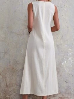 Women's Casual Dress Cotton Linen Dress White Dress Maxi Long Dress Cotton Blend Basic Casual Outdoor Daily Vacation Crew Neck Pocket Sleeveless Summer Spring 2023 Regular Fit White Khaki Plain S M L -HANA Luxury Wear Shop ymdeof1676443140130