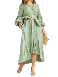 Women's Shirt Dress Casual Dress Swing Dress Maxi Long Dress Outdoor Office Daily Polyester Fashion Elegant Shirt Collar Ruffle Button 3/4 Length Sleeve Summer Spring Fall 2023 Loose Fit Blue Green -HANA Luxury Wear Shop ynefsi1688632149496