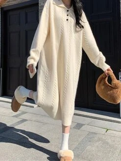 Women's Sweater Dress Jumper Dress Casual Dress Midi Dress Fashion Pure Color Outdoor Daily Vacation Going Out Lapel Long Sleeve Patchwork Button 2023 Regular Fit White Camel One Size -HANA Luxury Wear Shop ynjjoq1695280918187