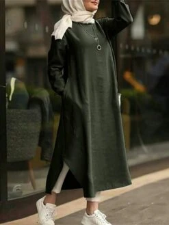 Women's Casual Dress Cotton Linen Dress Abaya Maxi Long Dress Linen / Cotton Blend Classic Casual Outdoor Daily Vacation Crew Neck Pocket Split Long Sleeve Spring Fall Winter 2023 Loose Fit ArmyGreen -HANA Luxury Wear Shop ynkirx1692340970494