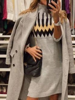 Women‘s Sweater Dress Winter Dress Knit Dress Mini Dress Gray Long Sleeve Geometric Knit Spring Fall Winter Turtleneck Fashion 2023 S M L XL -HANA Luxury Wear Shop ynqrtq1669691731559