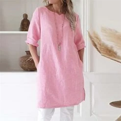 Women's Cotton Linen Dress A Line Dress Mini Dress Cotton Cotton Blend Casual Comfort Home Split Neck Pocket Rolled Cuff Half Sleeve Summer Spring Loose Fit Pink Light Blue Gray Pure Color S M L XL -HANA Luxury Wear Shop yobgze1651741056171