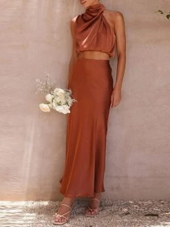 Women's Two Piece Dress Set Casual Dress Skirt Set Daily Holiday Fashion Sexy Ruched Long Dress Maxi Dress Stand Collar Sleeveless Plain Regular Fit Black White Light Green Summer Spring S M L XL -HANA Luxury Wear Shop yodjjd1690857205927