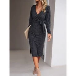 Women's Sweater Dress Winter Dress Jumper Dress Midi Dress Lace Up Daily Date Going Out Fashion Basic V Neck Long Sleeve 2023 Slim Green Dark Grey Beige Color S M L XL Size -HANA Luxury Wear Shop yohavi1690801848559